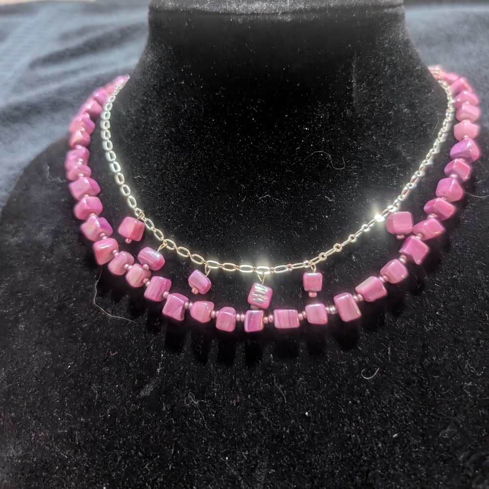 Pink Beaded Choker Necklace Silver Tone Layered Chain Adjustable Fashion Jewelry